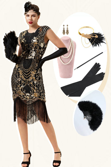 Manches casquettes noires et dorées Franges pailletées Années 20 Gatsby Flapper Robe avec accessoires des années 20 Set
